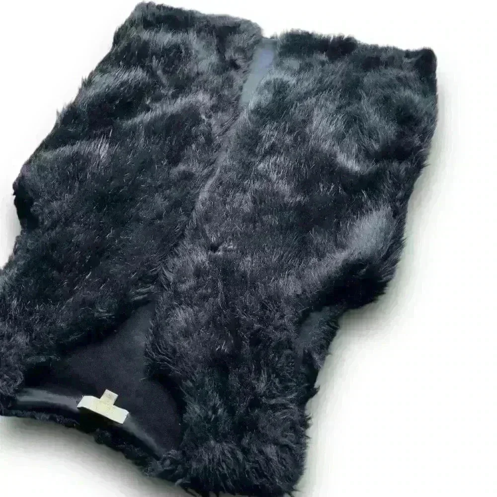 vtg‎ y2k black mobwife faux fur sleeveless vest hidden side pockets open front m